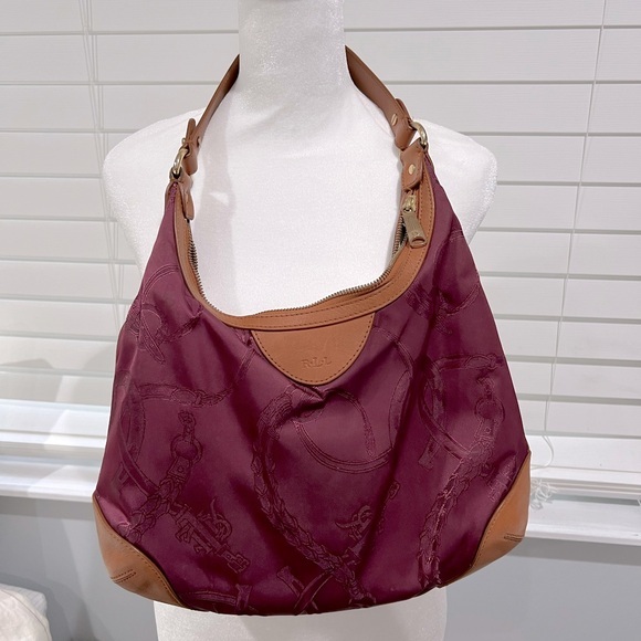 Vintage Ralph Lauren Burgundy Wine and Brown Leather Trim Shoulder‎ bag - Picture 3 of 8